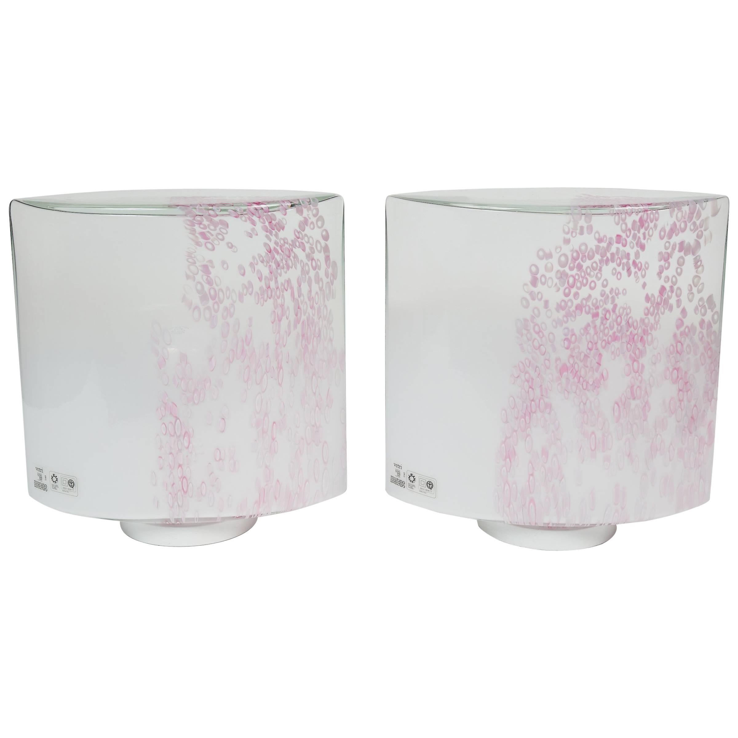 Rare Pair of Pink and White "Confetti" Murano Vetri Glass Lamps