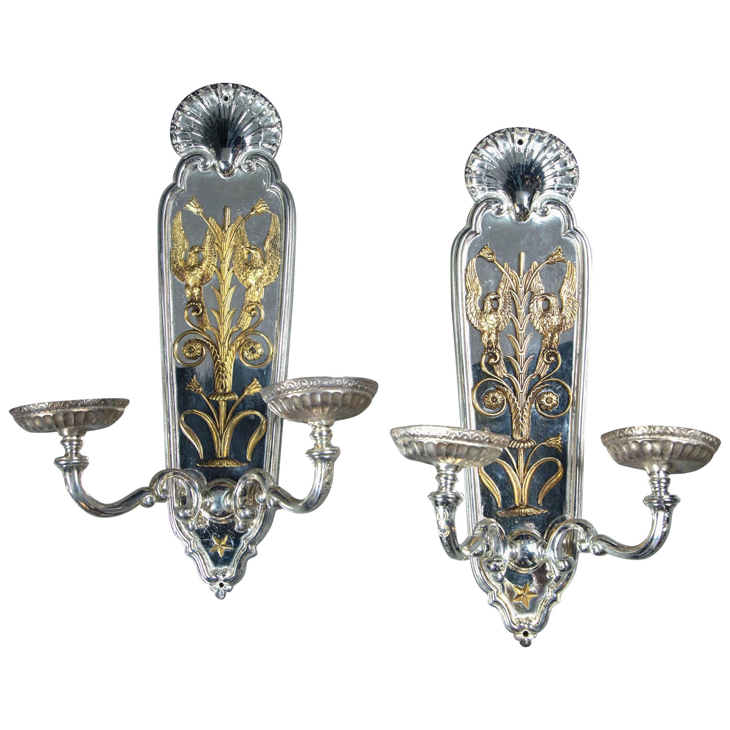 Pair of circa 1920 Silver Plated Caldwell Sconces with Gilt Bronze Design For Sale