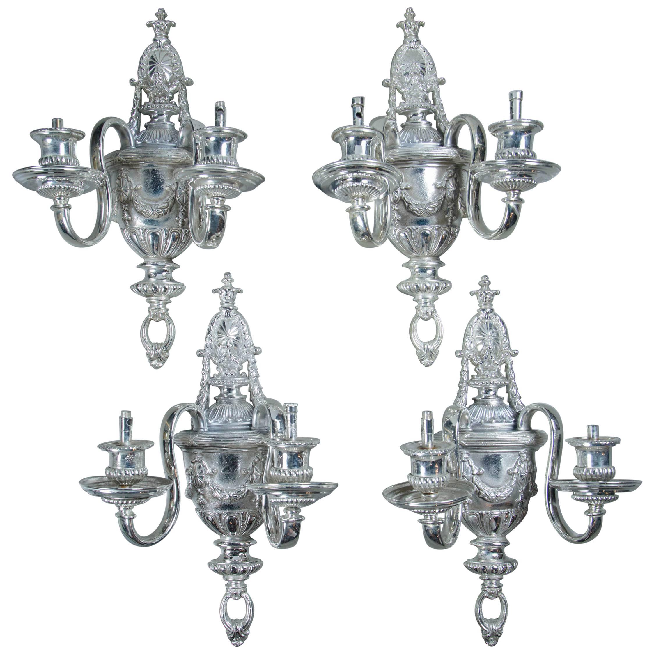 Set of Four circa 1920 Silver Plated Sconces For Sale