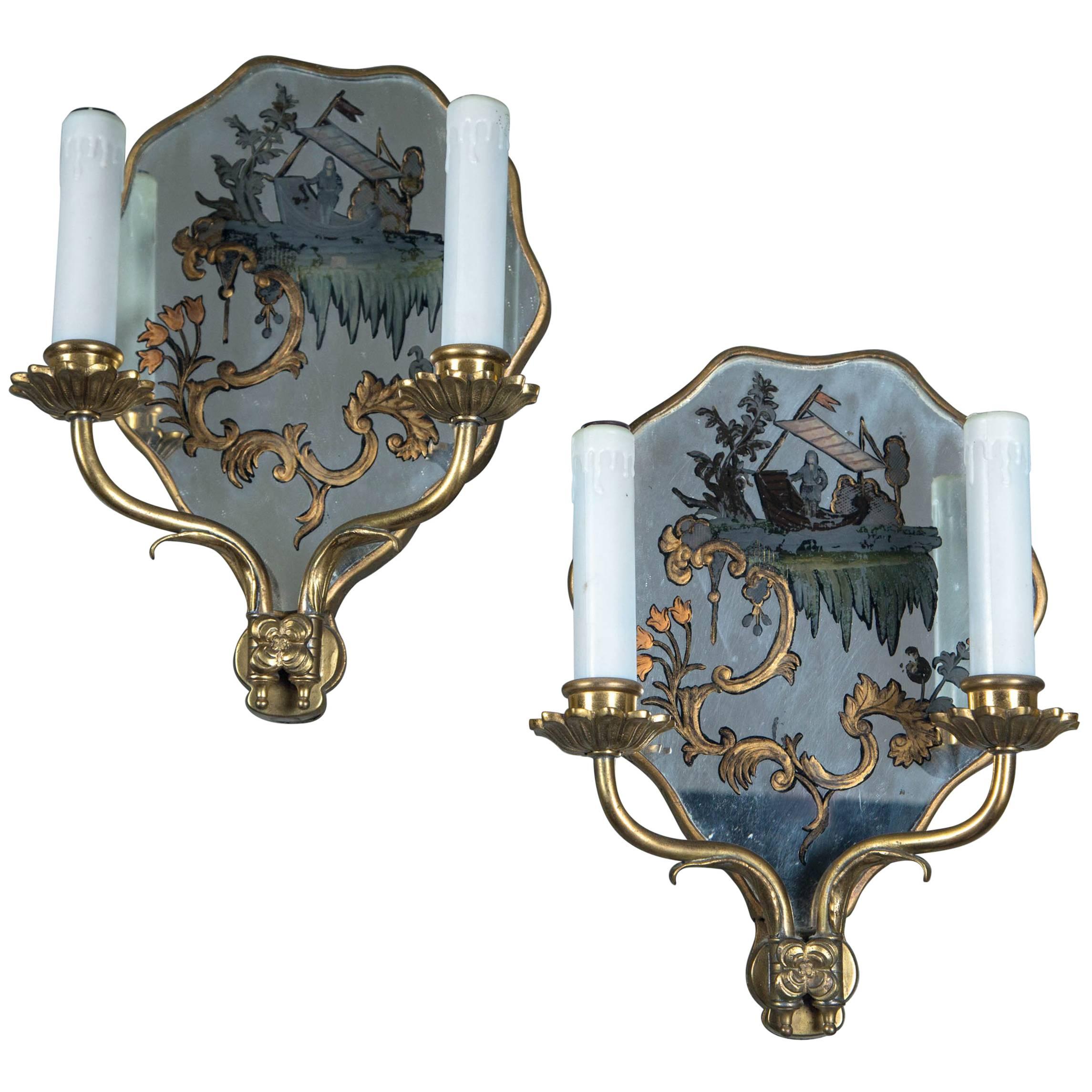 Pair of circa 1920 Caldwell Hand-Painted Mirrored Sconces For Sale
