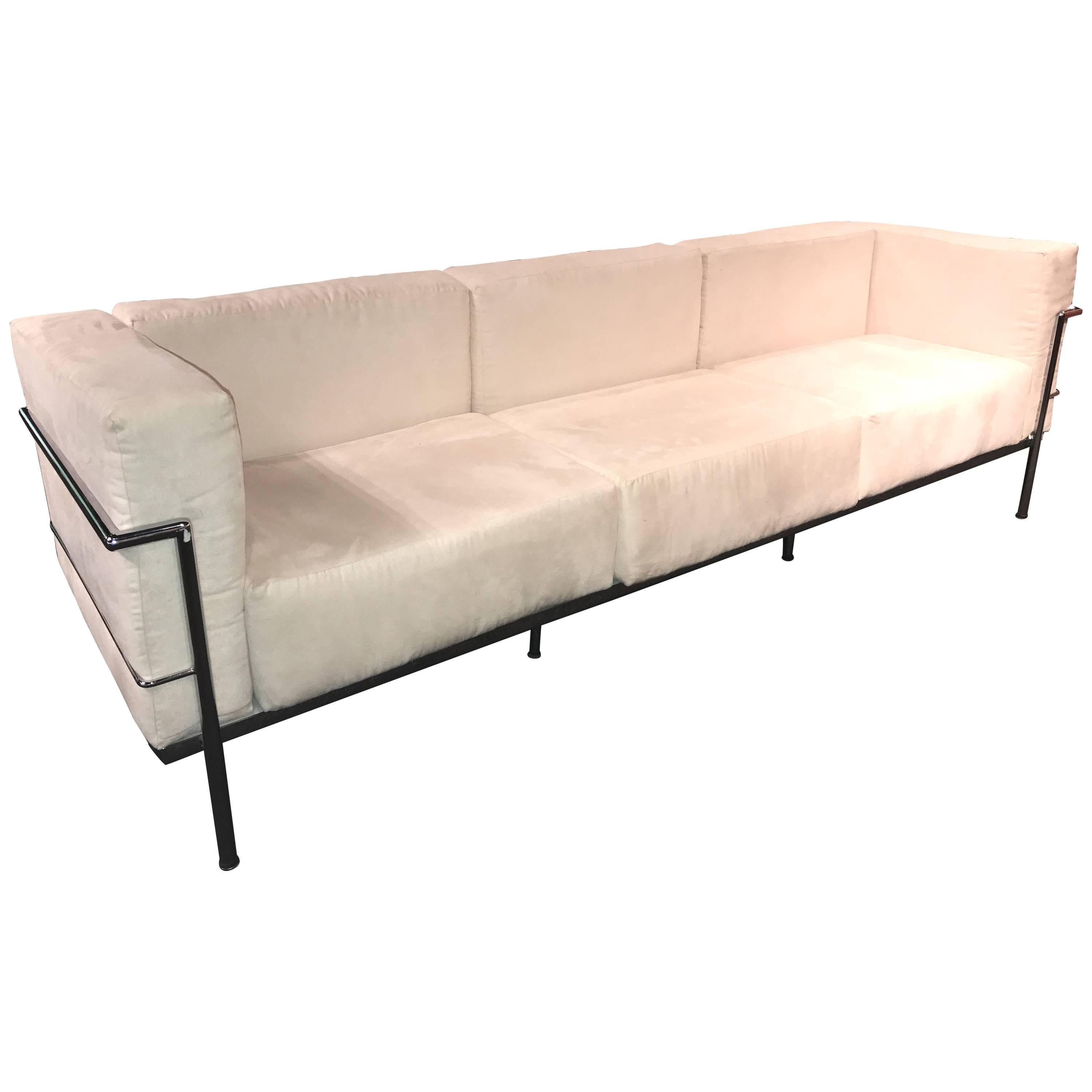 Le Corbusier LC3 Style Modern Triple-Seat Sofa in Suede and Chrome
