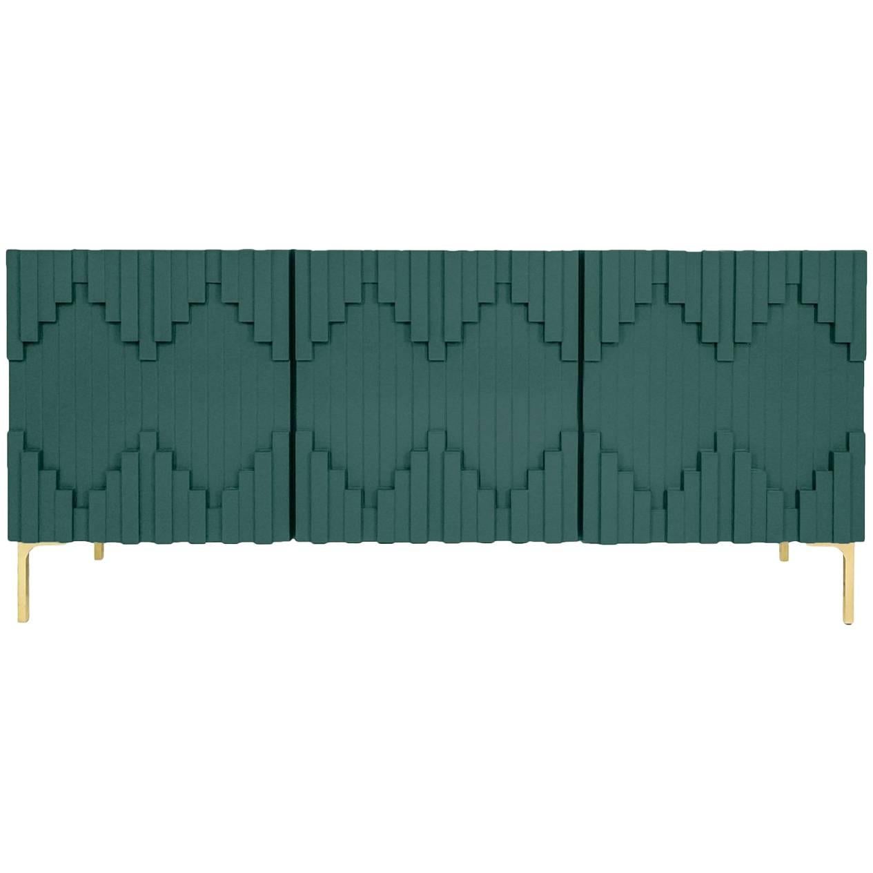 Art Deco Hunter Green Three-Door Credenza with Geometric Detail & Brass Legs For Sale