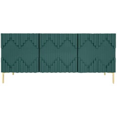 Art Deco Hunter Green Three-Door Credenza with Geometric Detail & Brass Legs