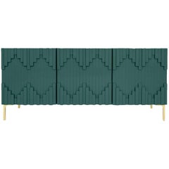 Art Deco Hunter Green Three-Door Credenza with Geometric Detail & Brass Legs