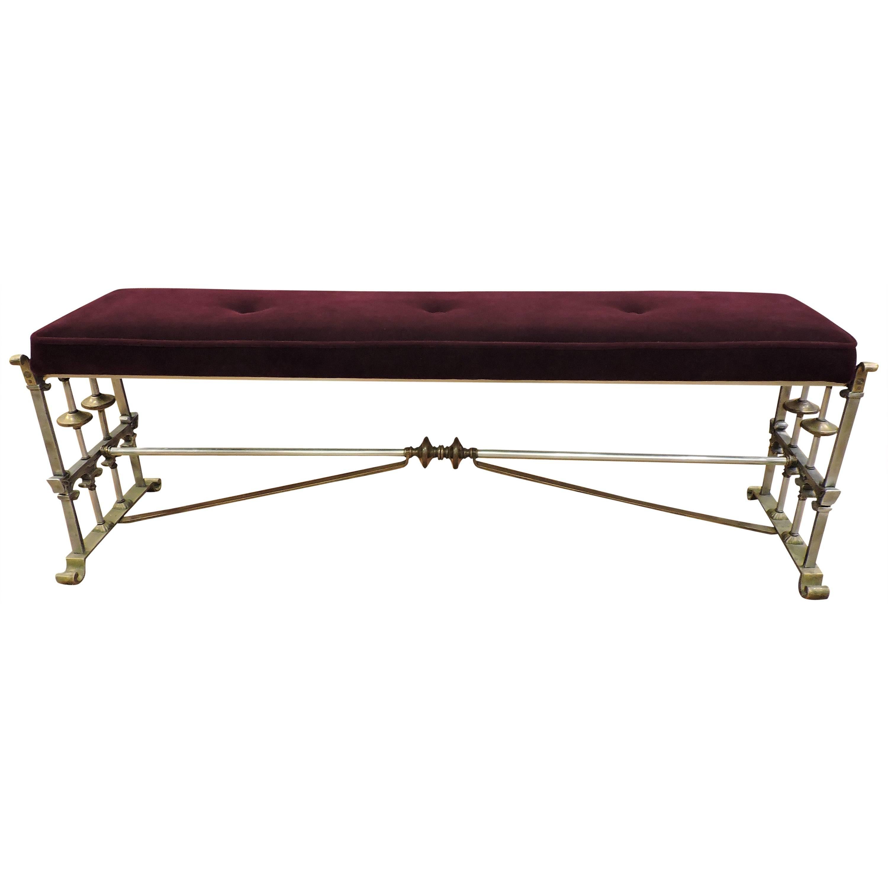 Mid-Century Modern Gothic Style Aluminium and Brass Upholstered Bench