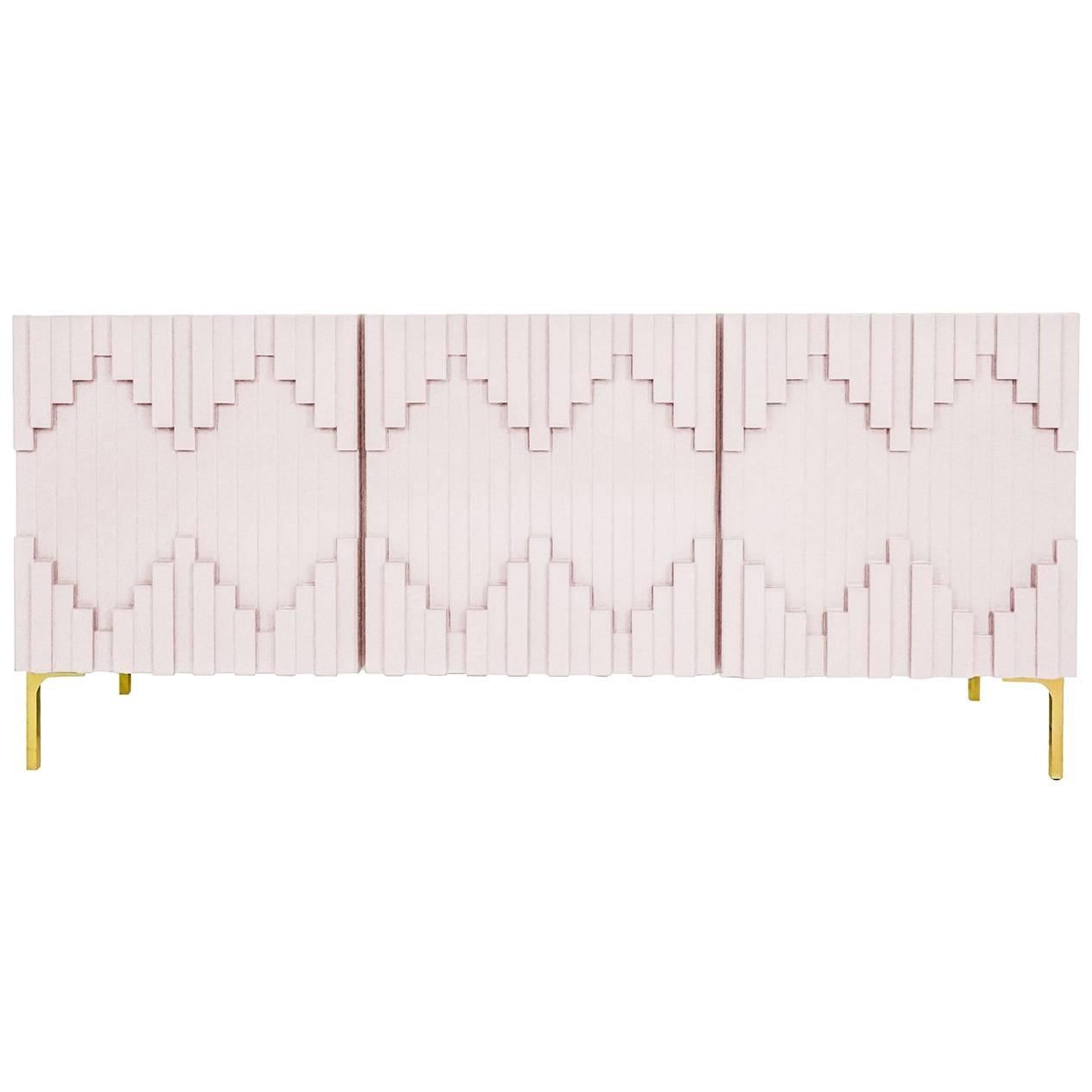 Art Deco Style Blush Pink Three-Door Credenza with Geometric Detail & Brass Legs For Sale