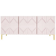 Art Deco Style Blush Pink Three-Door Credenza with Geometric Detail & Brass Legs