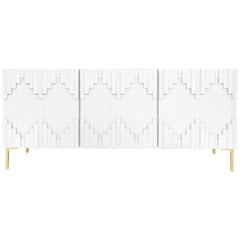Art Deco Modern White Three-Door Credenza with Geometric Detail and Brass Legs