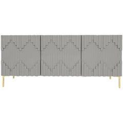 Art Deco Modern Greystone Three-Door Credenza with Geometric Detail & Brass Legs