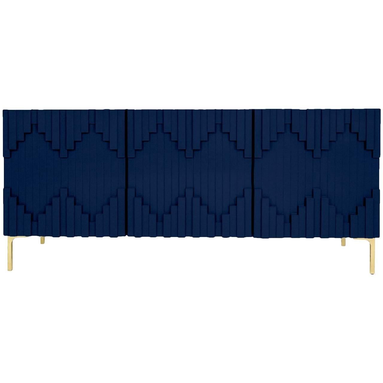 Art Deco Modern Navy Three-Door Credenza with Geometric Detail and Brass Legs For Sale