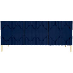 Art Deco Modern Navy Three-Door Credenza with Geometric Detail and Brass Legs