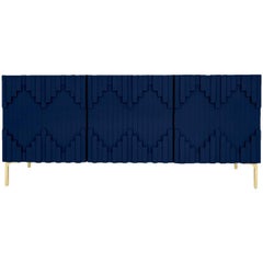 Art Deco Modern Navy Three-Door Credenza with Geometric Detail and Brass Legs