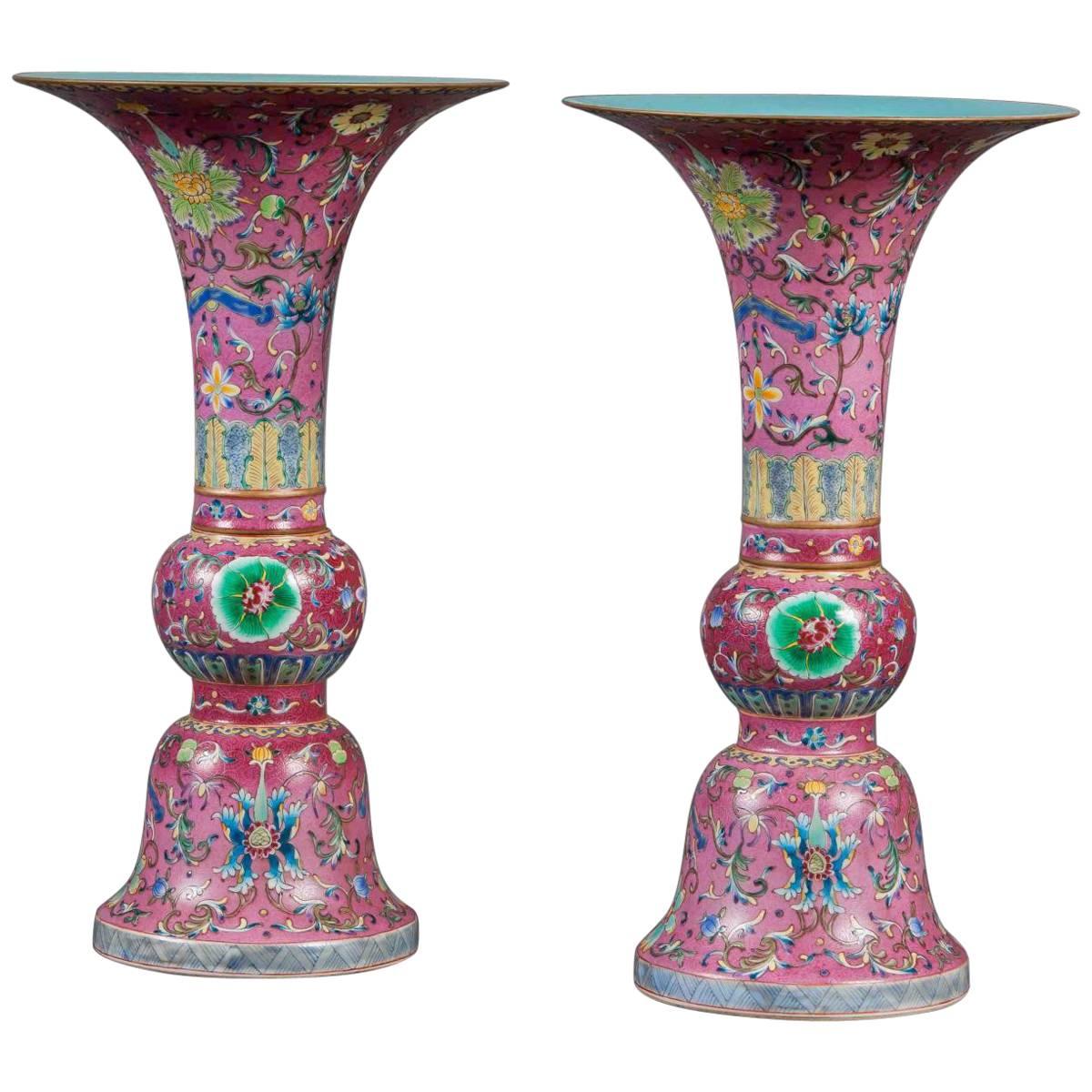 Pair of Glazed Altar Vase Famille Rose Sectional Gu Vases Pink Mauve Green For Sale