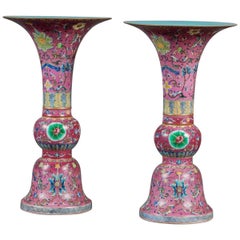 Pair of Glazed Altar Vase Famille Rose Sectional Gu Vases Pink Mauve Green
