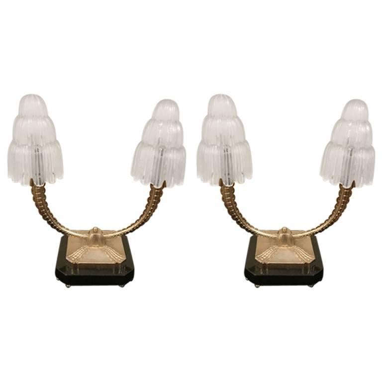 Pair of French Art Deco "Waterfall" Table Lamps Signed by Sabino For Sale