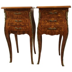 Pair of French Marquetry Inlaid Side Tables, Nightstands, Ormolu, circa 1930
