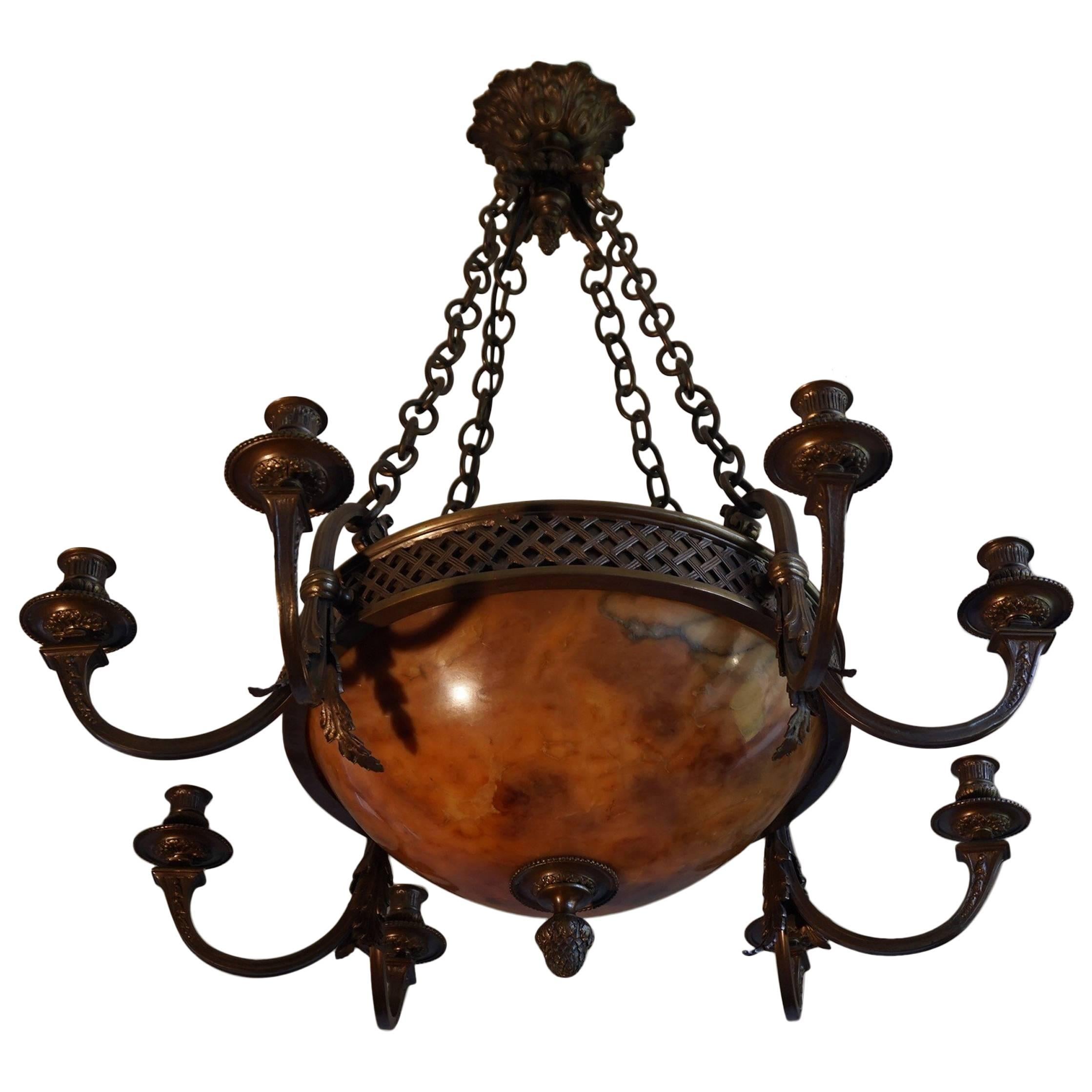 Stunning Early 1900s Bronze and Alabaster Four-Light Chandelier with Candelabras