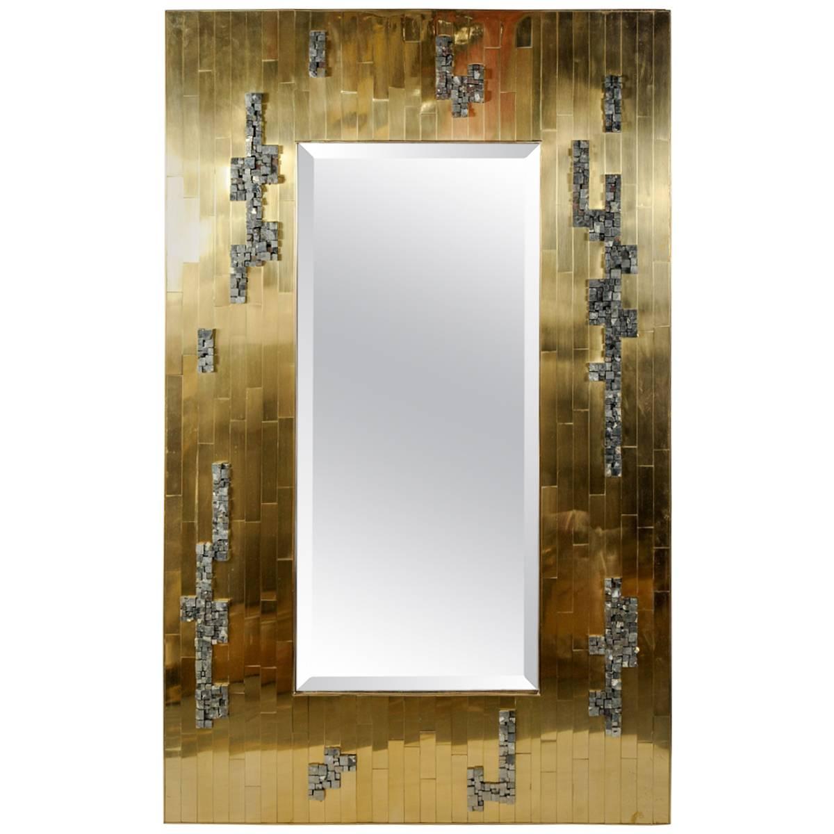 Brass and Pyrite Brutalist Mirror by Georges Mathias For Sale