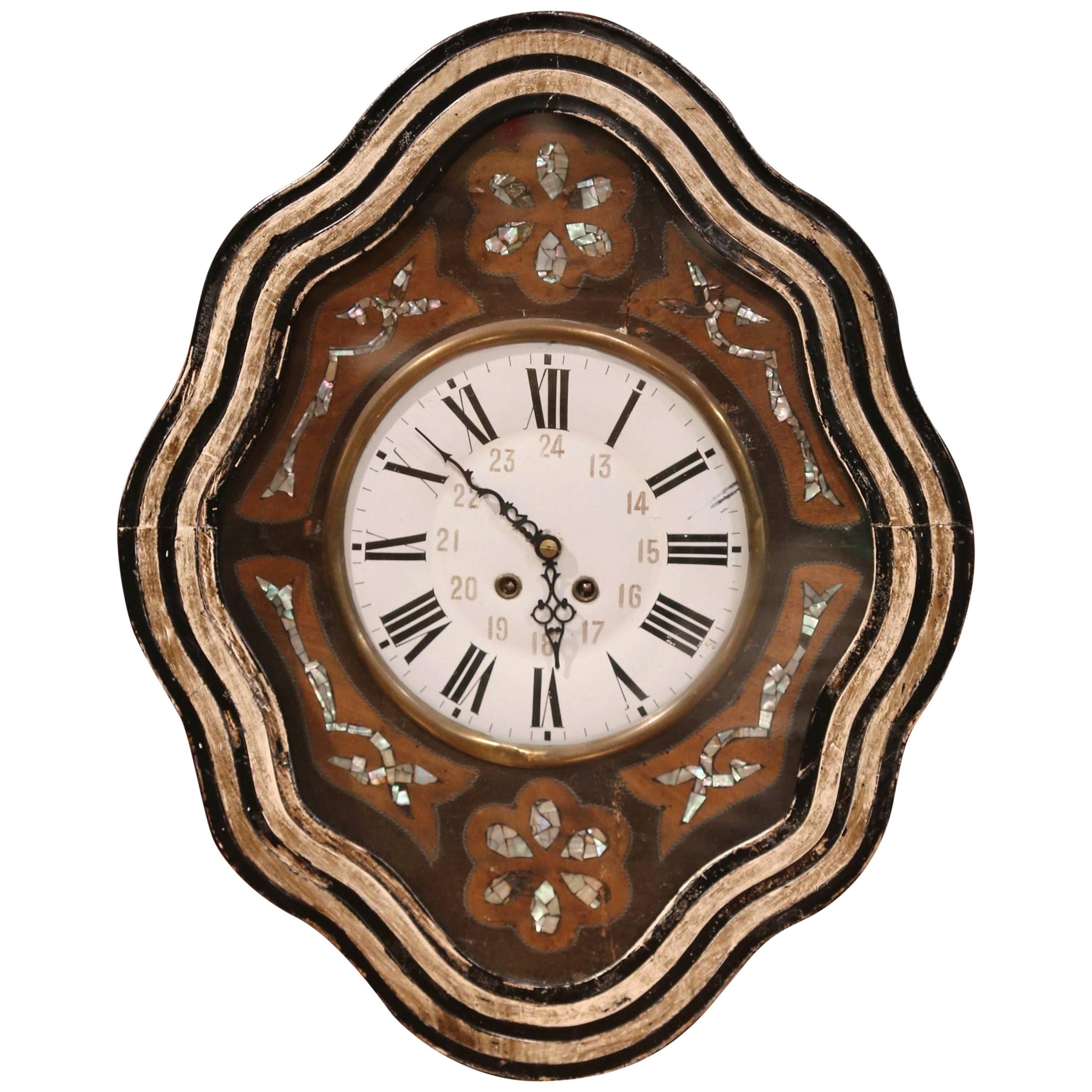 19th Century French Napoleon III Painted Wall Clock with Mother-of-Pearl Decor