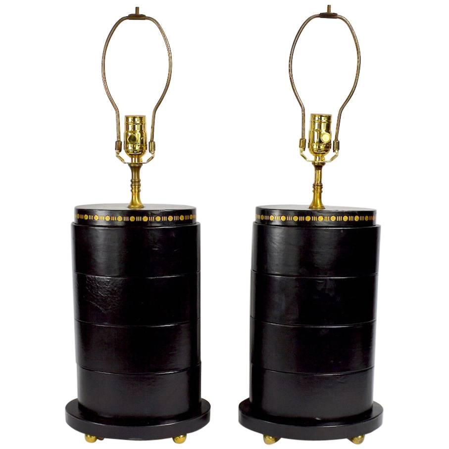 Pair of Leather Wrap Oval Table Lamps