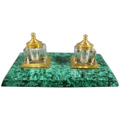Vintage Malachite and Crystal Inkwell