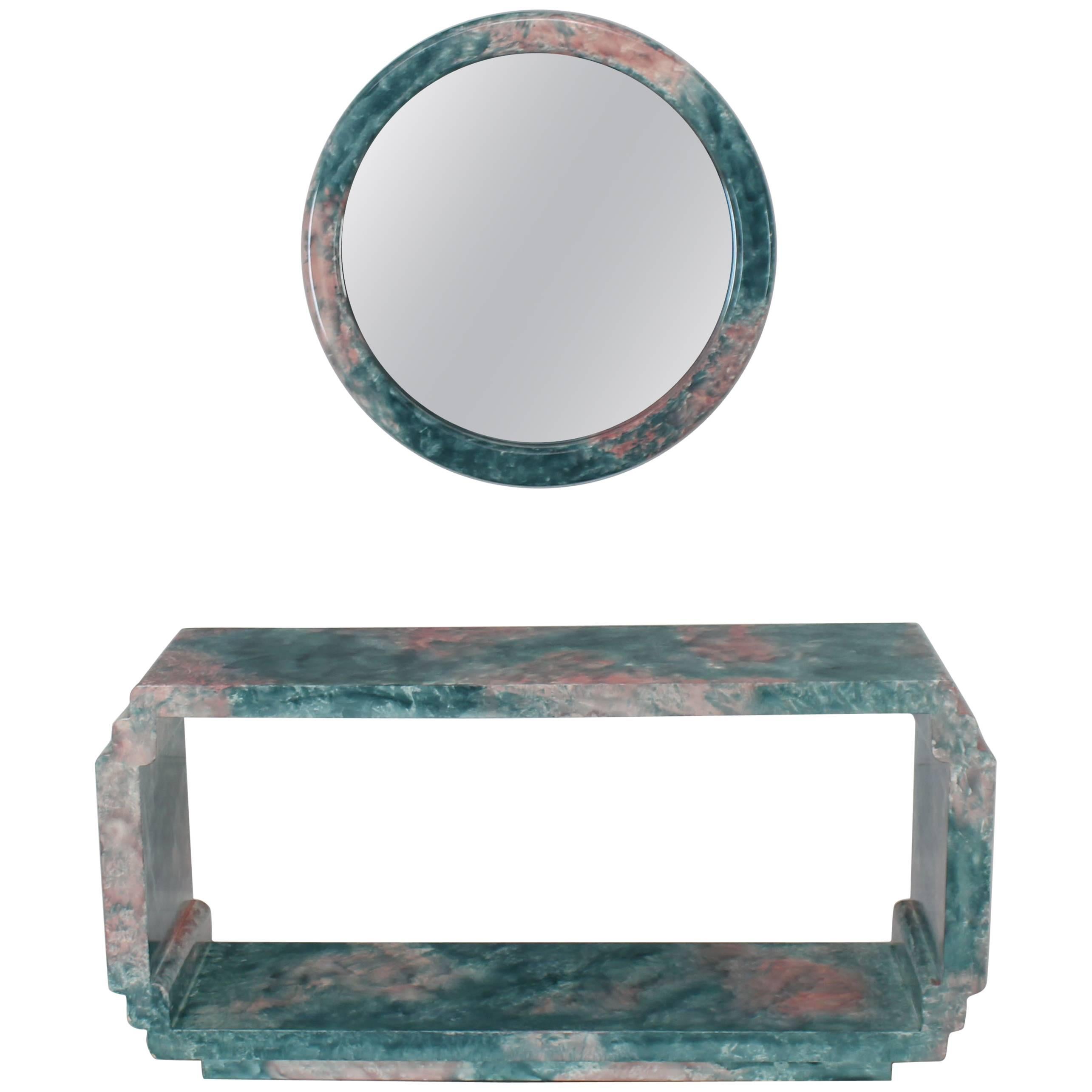 Round Mirror Console Table Marbleized Lacquered Finish Faux Marble For Sale