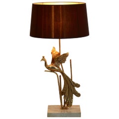 Retro Sculptural Gilt Metal on Travertine Peacock Table Lamp or Floor Lamp, 1970s