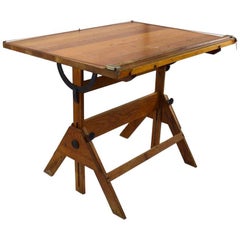 Vintage Oak Drafting Table with Adjustable Top