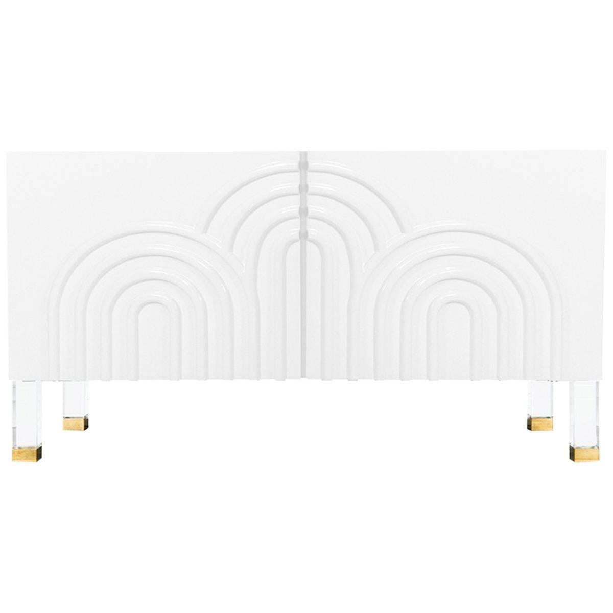 Midcentury Art Deco Two-Door White Credenza Lacquer with Lucite and Brass Legs For Sale