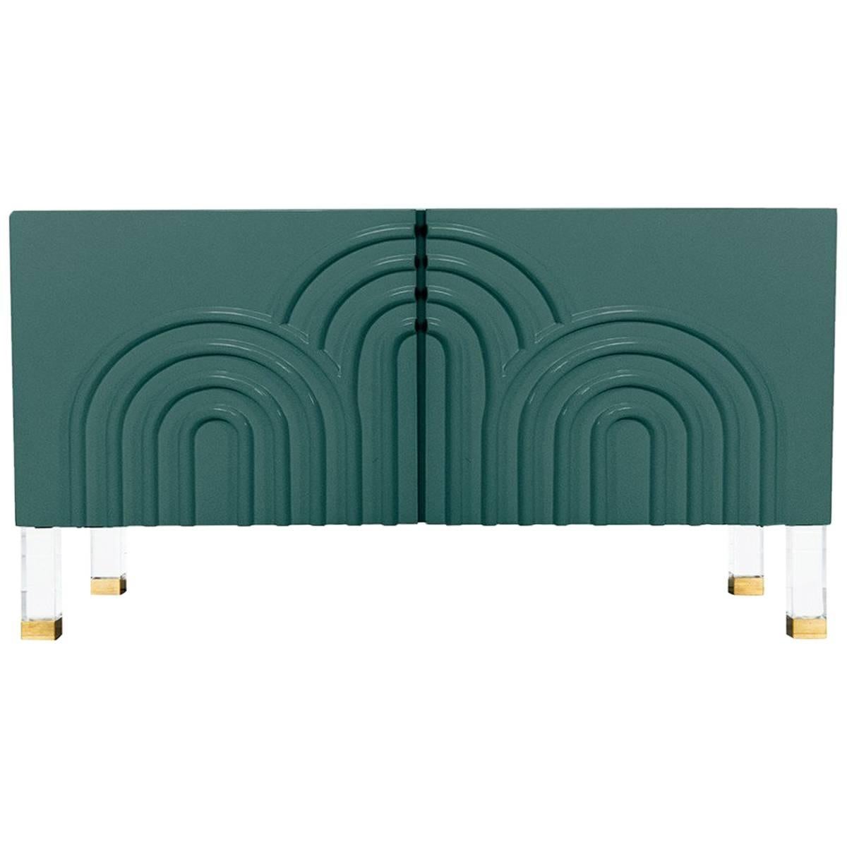 Midcentury Art Deco Two-Door Hunter Green Credenza with Lucite and Brass Legs For Sale