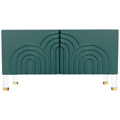 Midcentury Art Deco Two-Door Hunter Green Credenza with Lucite and Brass Legs