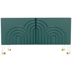 Midcentury Art Deco Two-Door Hunter Green Credenza with Lucite and Brass Legs