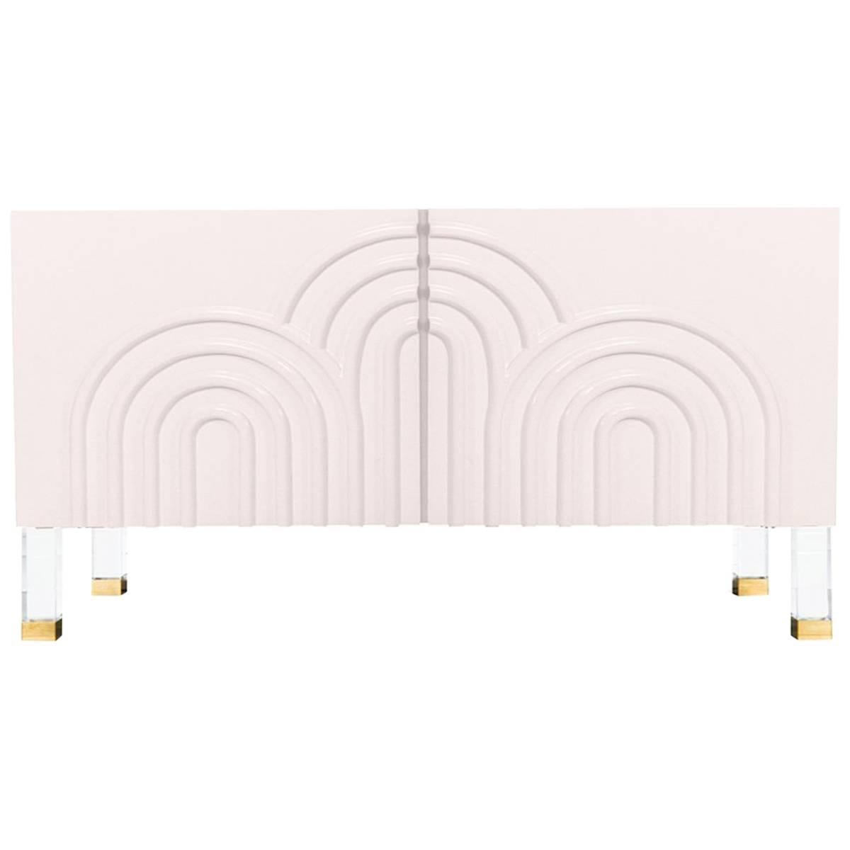 Midcentury Art Deco Two-Door Blush Pink Credenza with Lucite and Brass Legs For Sale