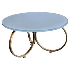 Used Custom Brass Coffee Table with Blue Reverse Painted Glass Top by Adesso Imports