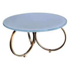 Custom Brass Coffee Table with Blue Reverse Painted Glass Top by Adesso Imports