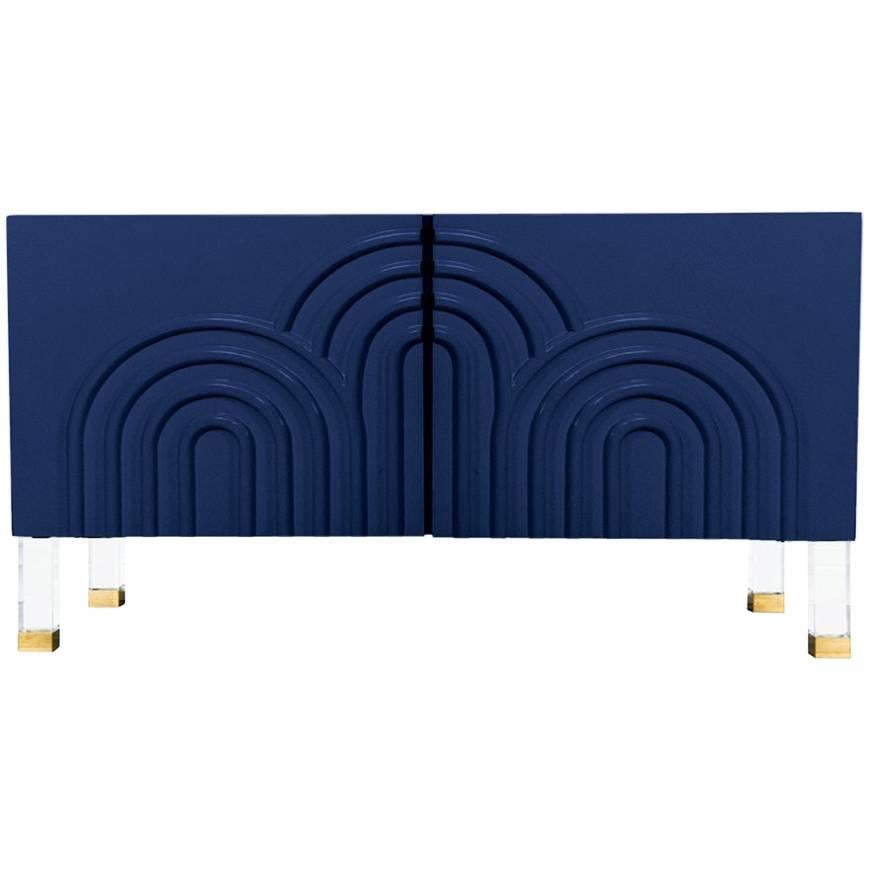 Midcentury Art Deco Style Two-Door Navy Credenza with Lucite and Brass Legs For Sale
