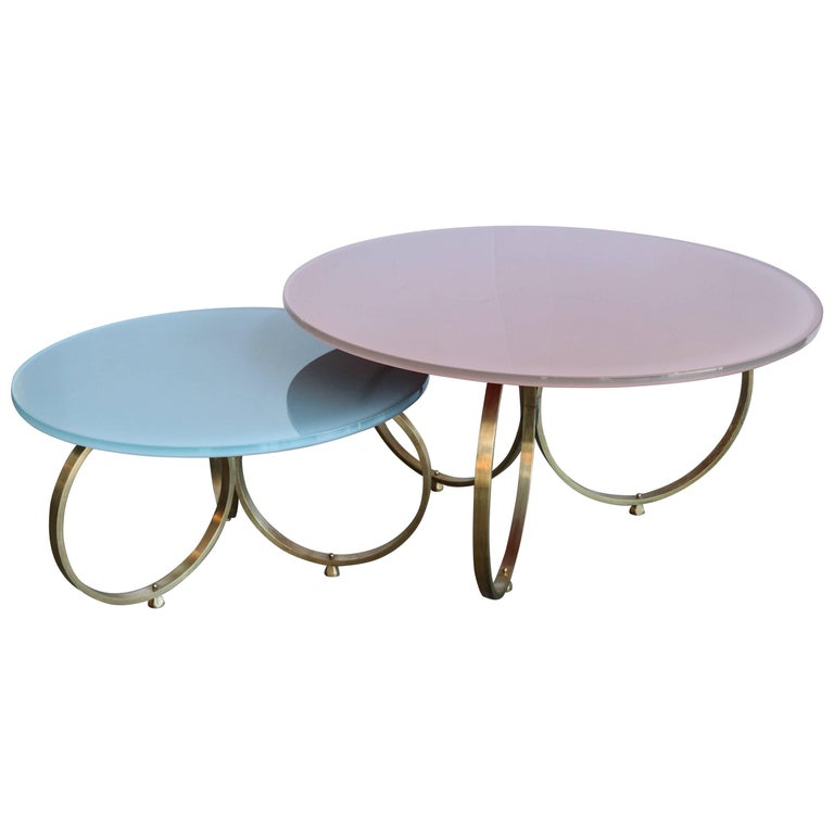 Set of Two Custom Brass Coffee Tables with Reverse Painted Glass Top
