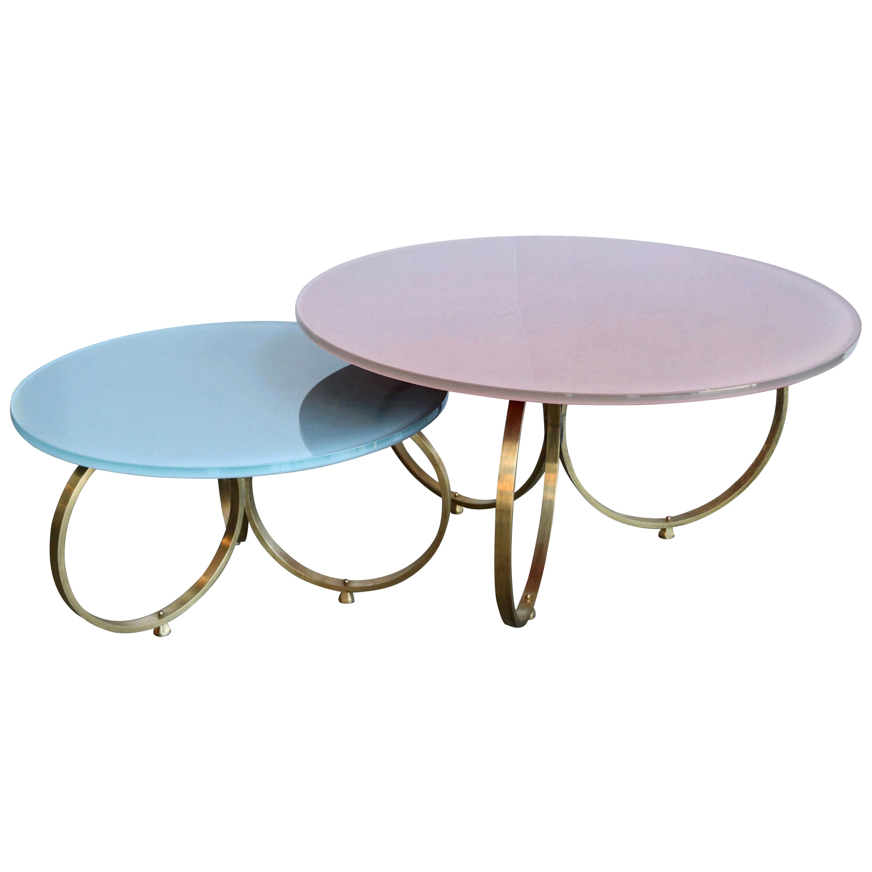 Two Custom Brass Coffee Tables with Reverse Painted Glass Top by Adesso Imports For Sale