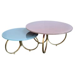 Two Custom Brass Coffee Tables with Reverse Painted Glass Top by Adesso Imports