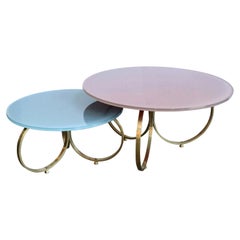 Two Custom Brass Coffee Tables with Reverse Painted Glass Top by Adesso Imports