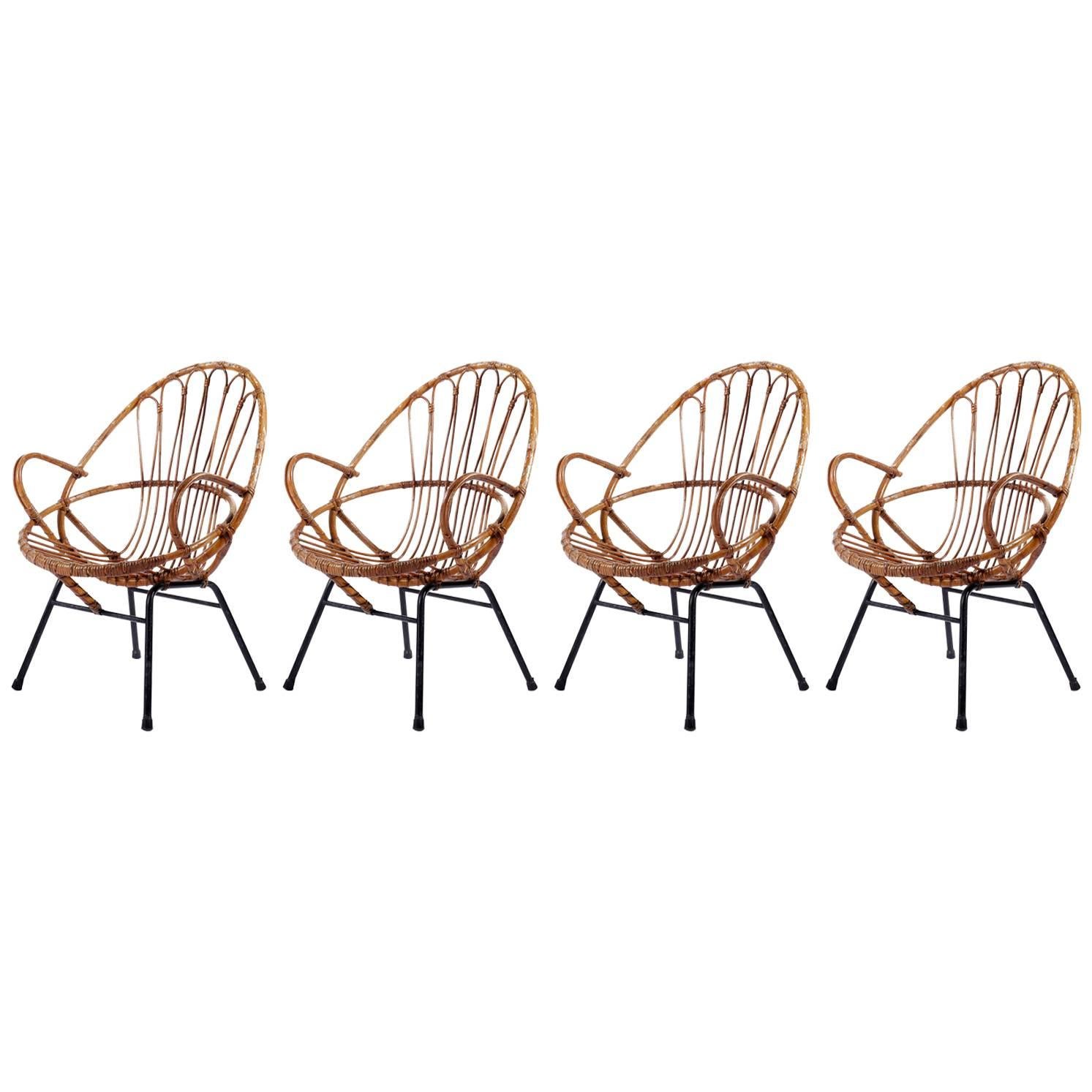 Four Rattan Wicker Bamboo Chairs Armchairs, Rohe Noordwolde, Netherlands, 1960s