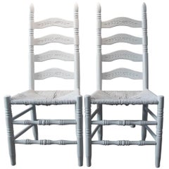 Parisian Gray Painted Rustic Farmhouse Dining Table and Two Rustic Farm Chairs