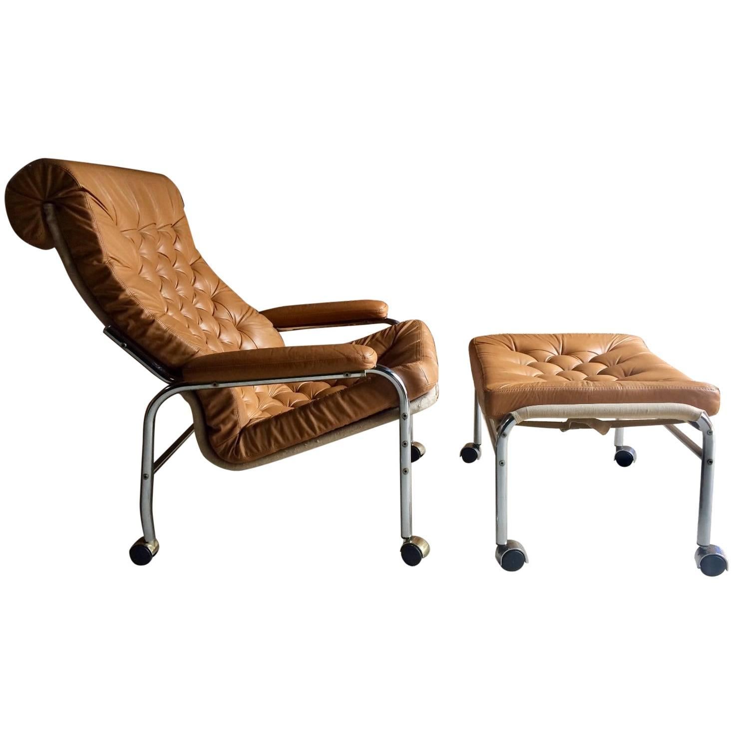 Noboru Nakamura pour IKEA Bore Chaise longue et pouf en cuir 1970 Très rare