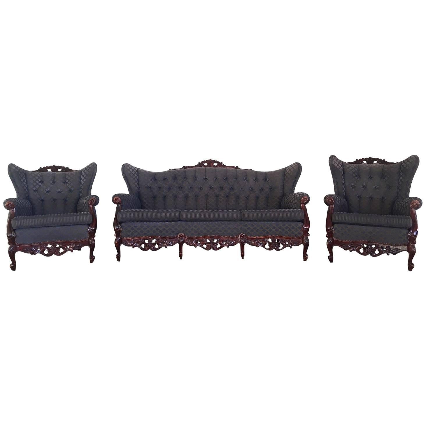 20th Century French Sofa Set, Rococo Baroque Style with Two Wingback Chairs For Sale