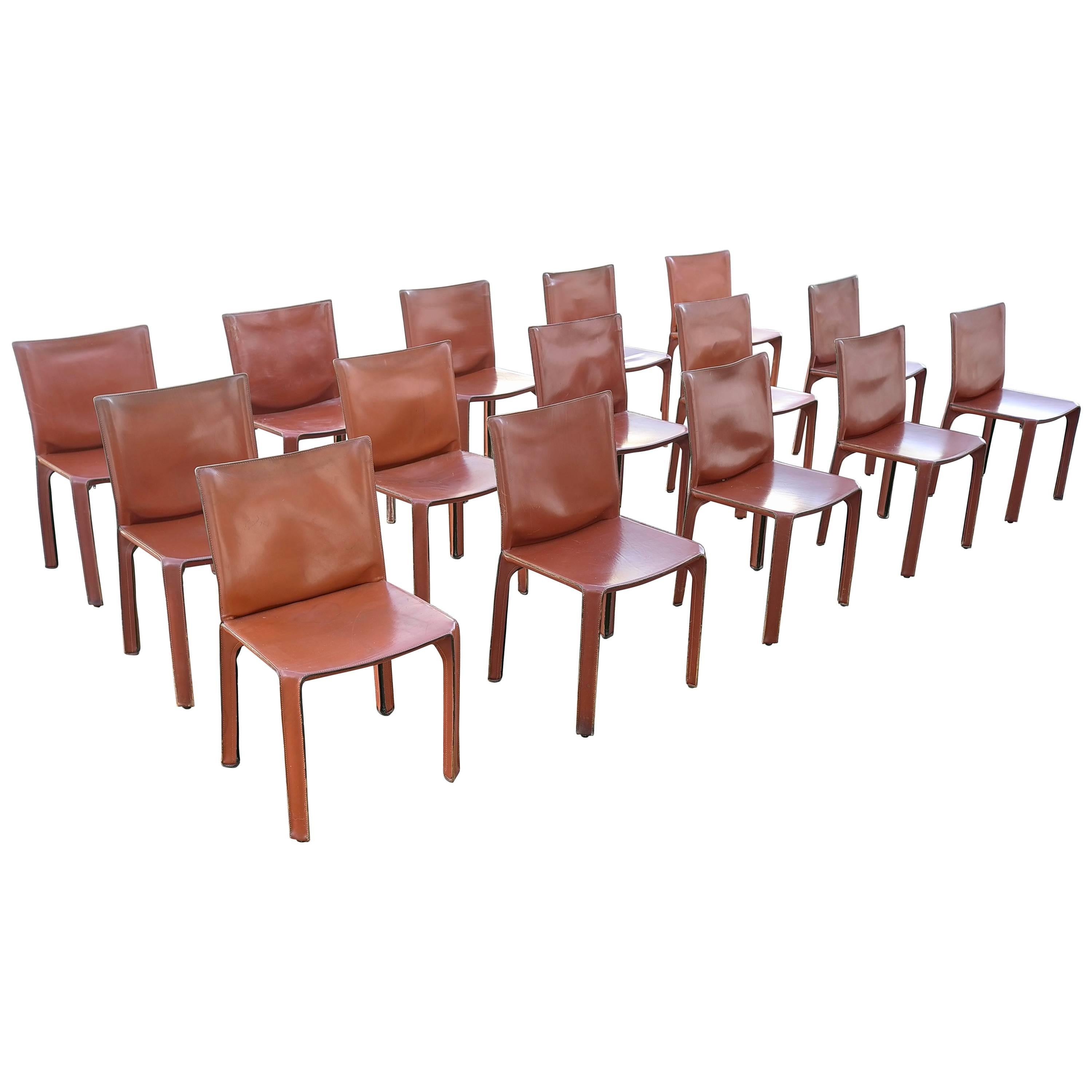 Large Set of 15 Leather 412 Cab Chairs by Mario Bellini for Cassina