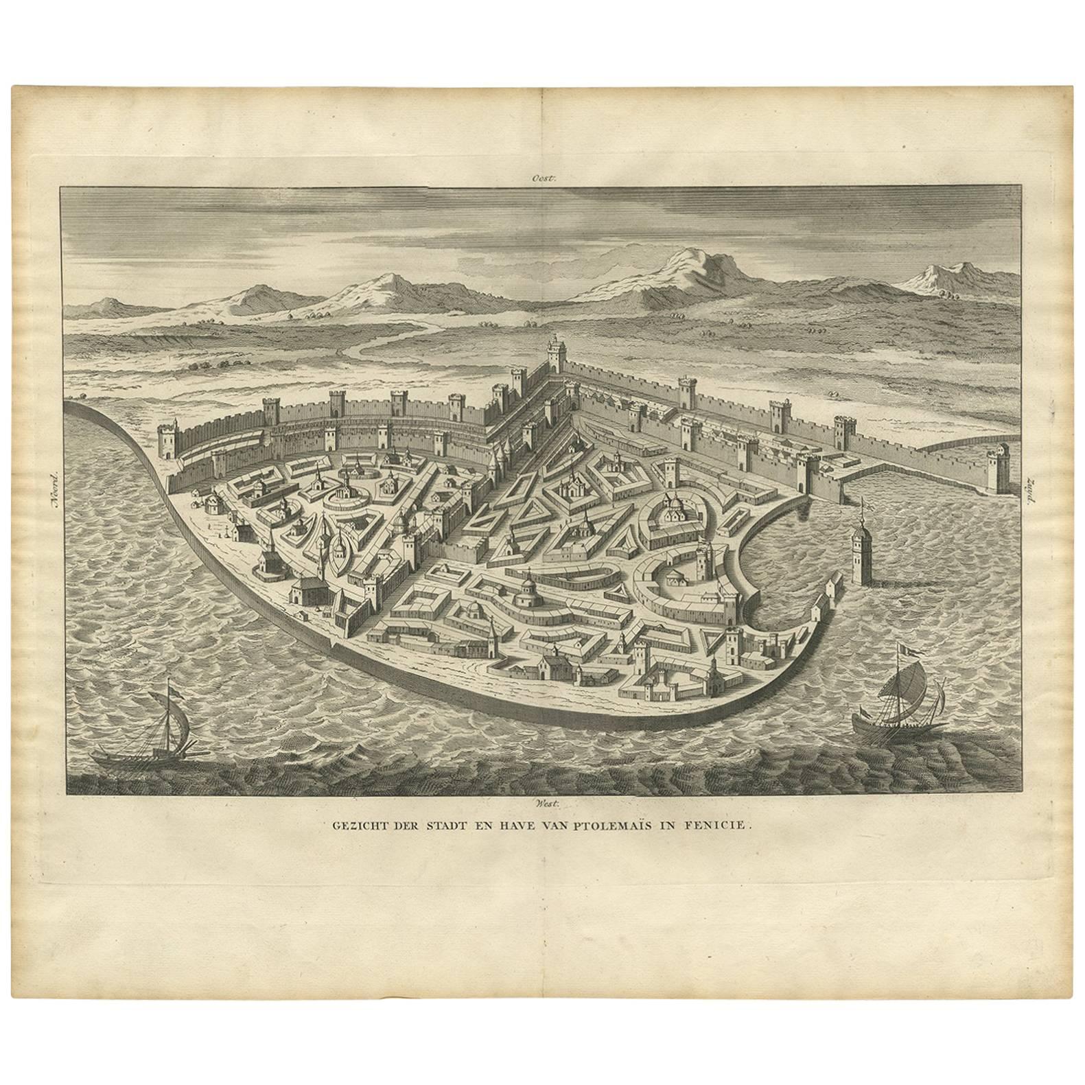 Impression ancienne de la ville et du port de Ptolemais en Phoenicia par A. Calmet, 1725