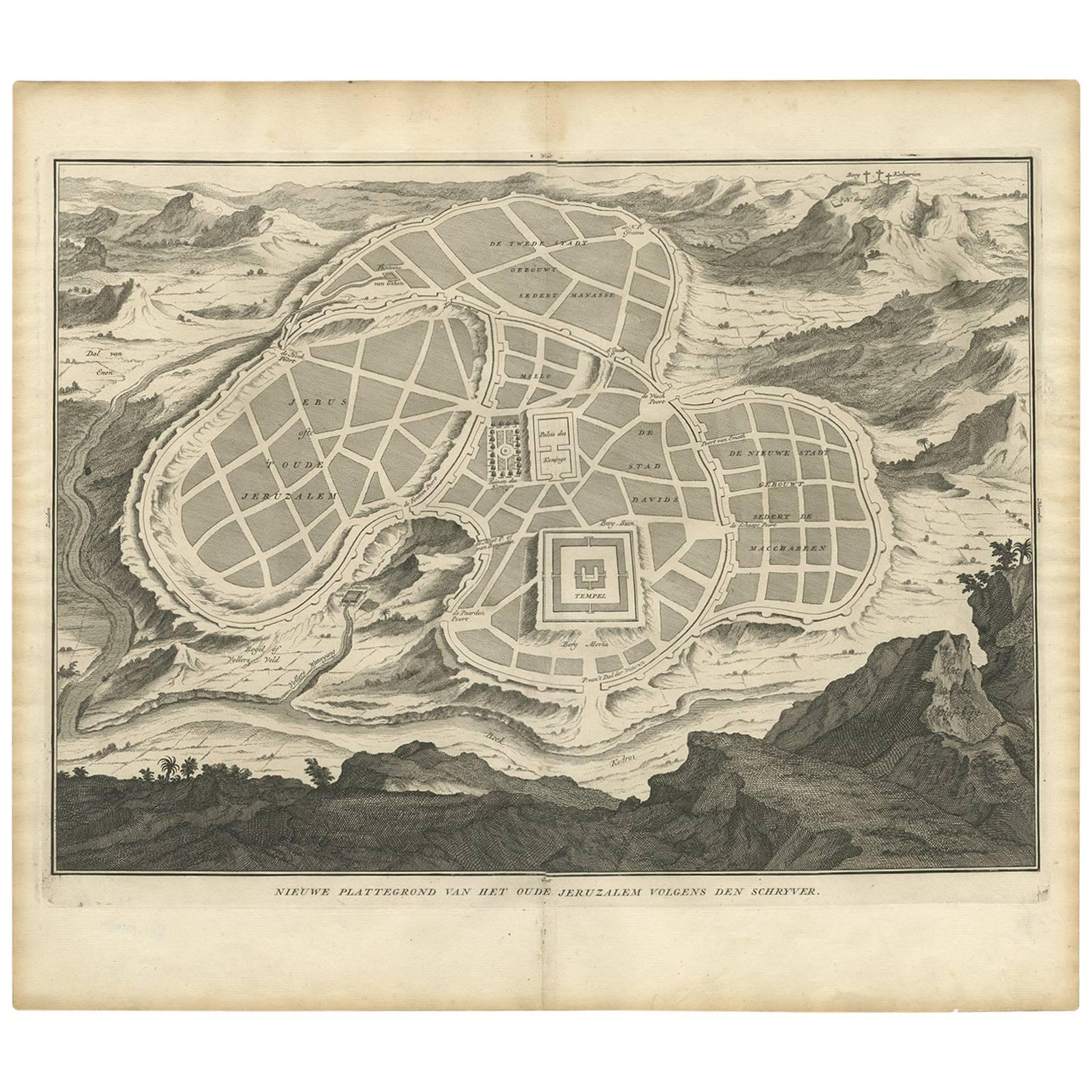 Carte ancienne de la ville antique de Jérusalem par A. Calmet, 1725
