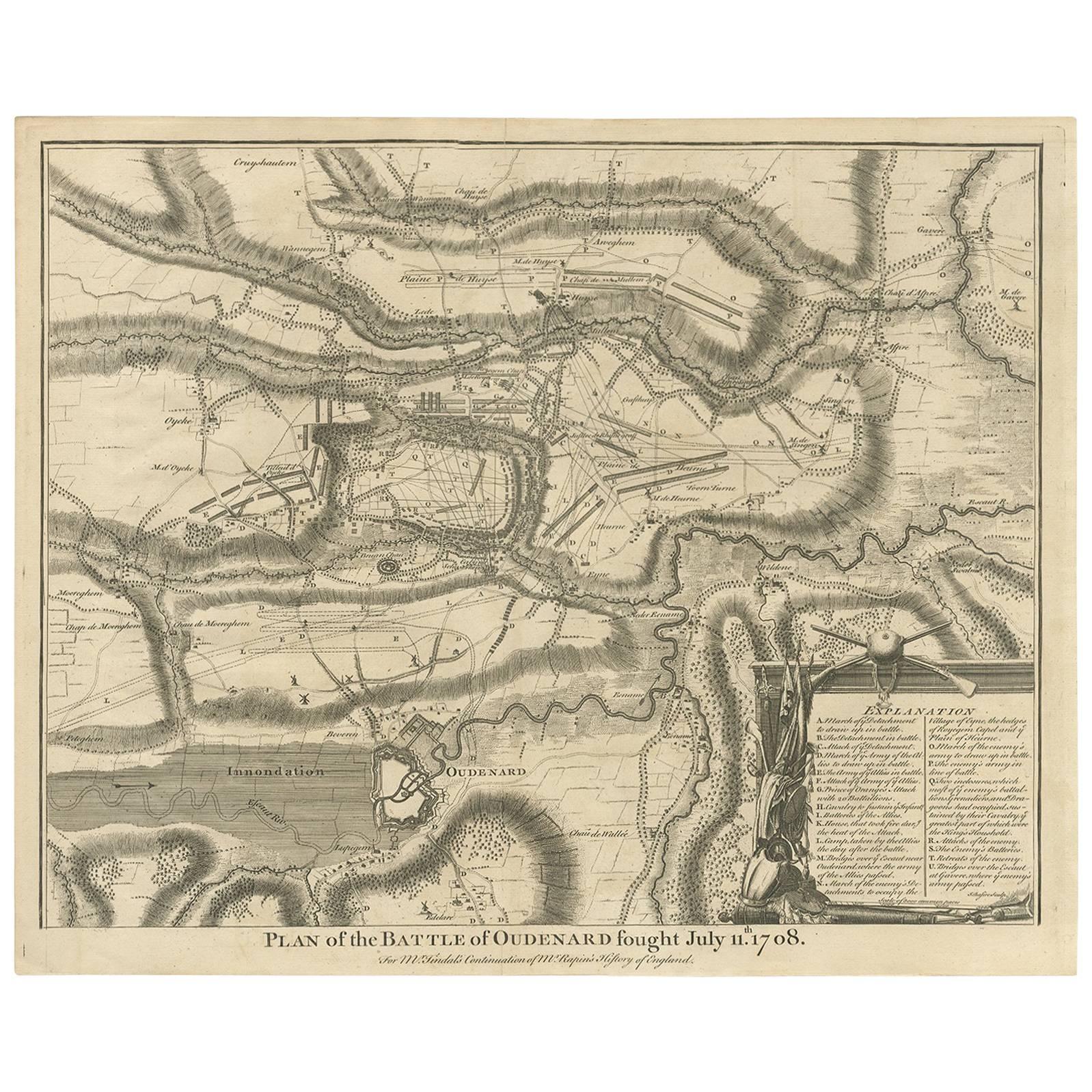 Antique Print of the Battle of Oudenard by I. Basire, 1751 For Sale