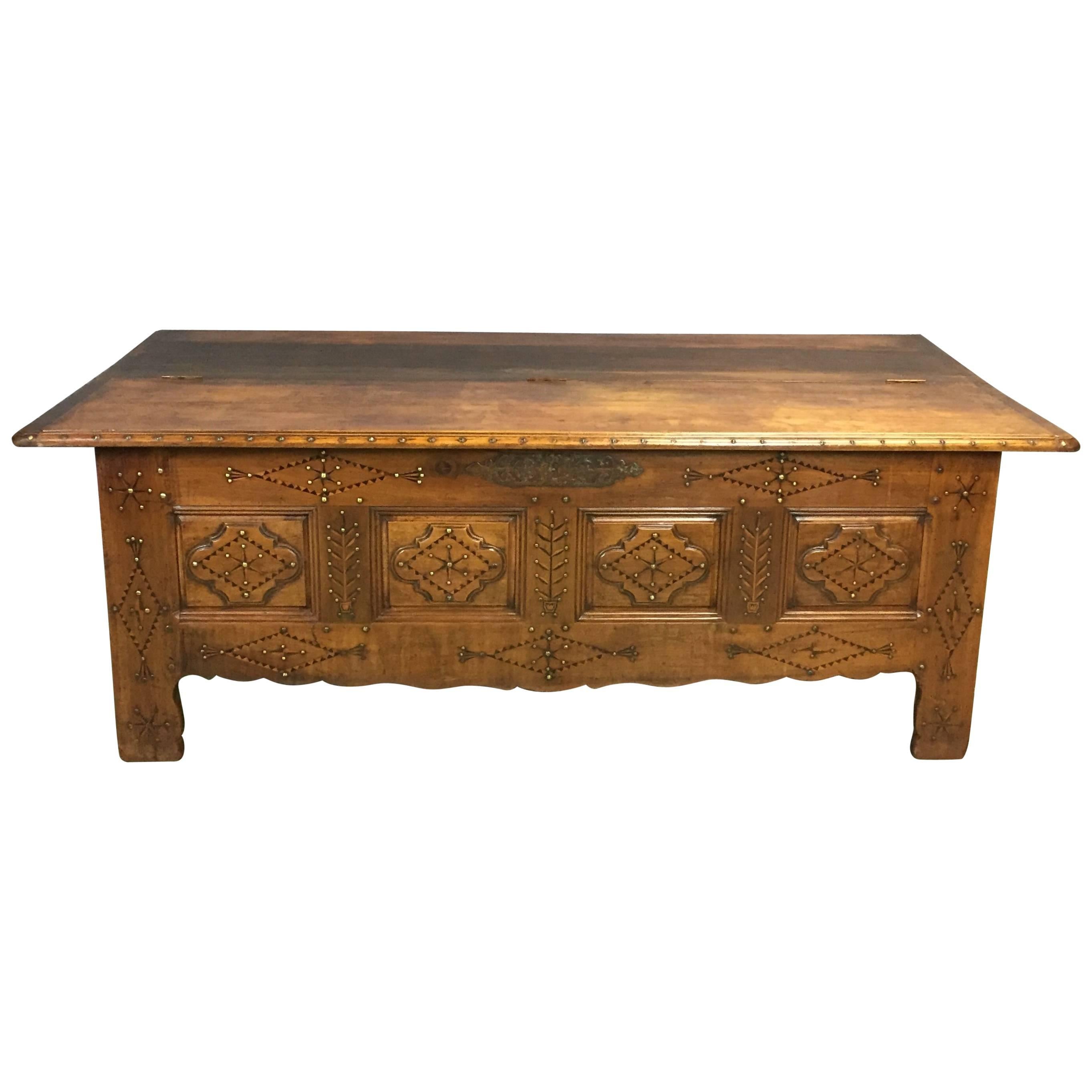 19th Century Rustic Fruitwood Bench Coffer For Sale
