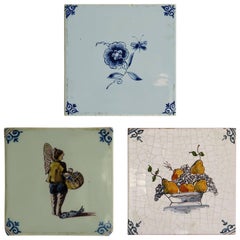 Antique Three Ceramic Delft Wall Tiles Fisherman Fruit Bowl and Flowers, Two 19th C 